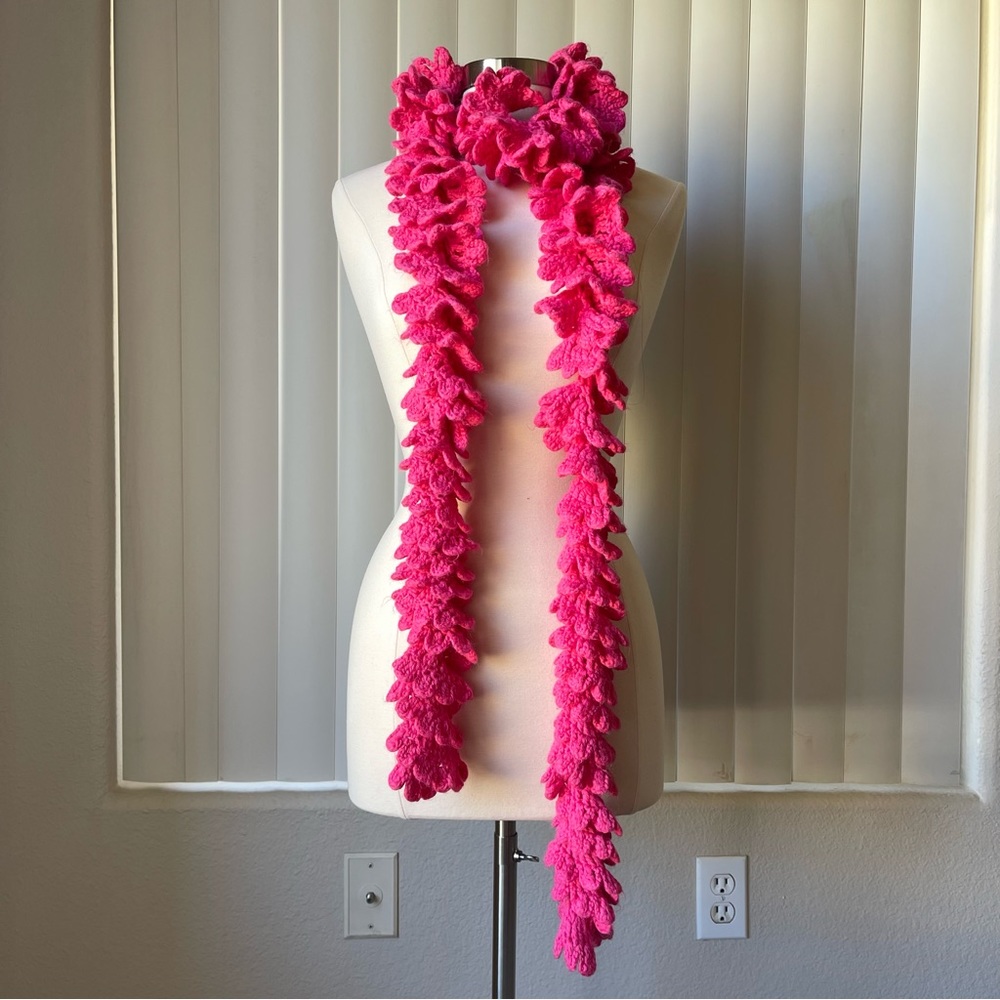 93” Long Pink Handcrafted Wool Flower Knitted Scarf